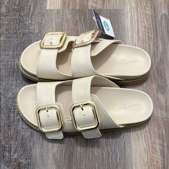 Women's Cream Slide Sandals with Gold Buckles - Picture 2 of 6